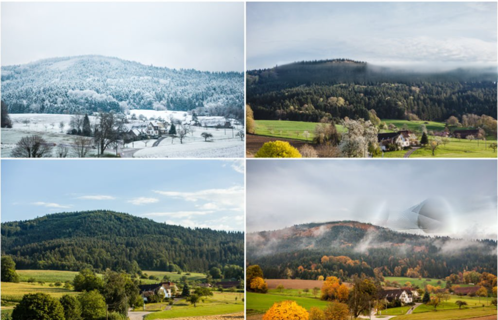 Four seasons of landscaping in North Canton Ohio showing spring planting fall cleanup and winter planning