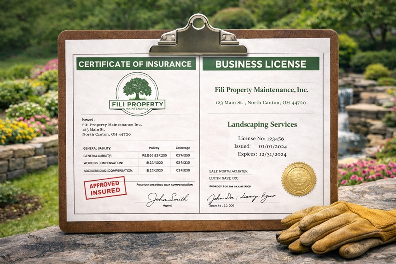 Professional landscaping company insurance and licensing credentials required in North Canton Ohio" Homeowner choosing professional landscaping company in North Canton Ohio during consultation