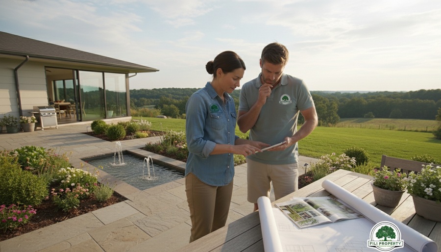 Landscape designer reviewing plans with homeowner Five star customer reviews for North Canton Ohio landscaping company showing quality service"