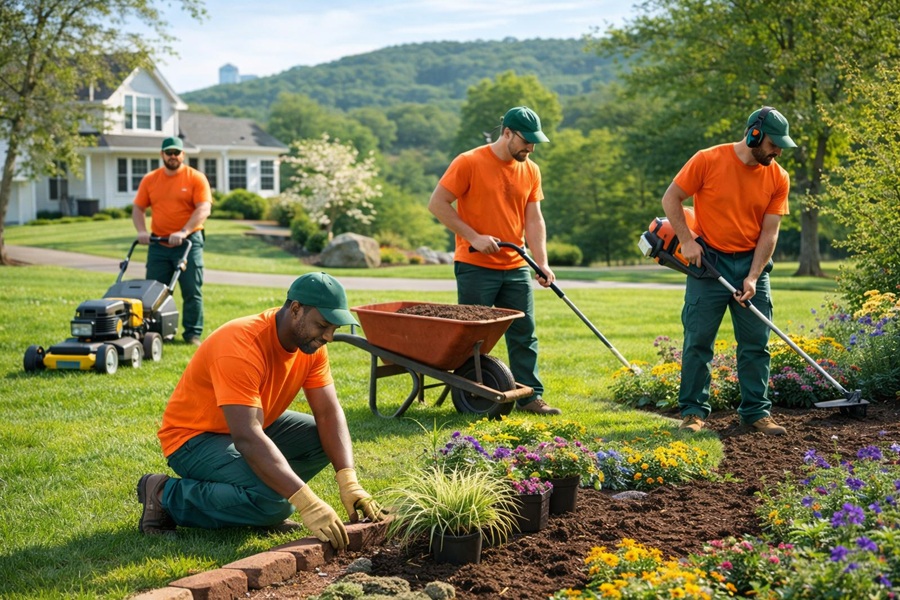 Professional crew Landscaping team working in North Canton Finished landscape: Beautiful completed North Canton landscape project